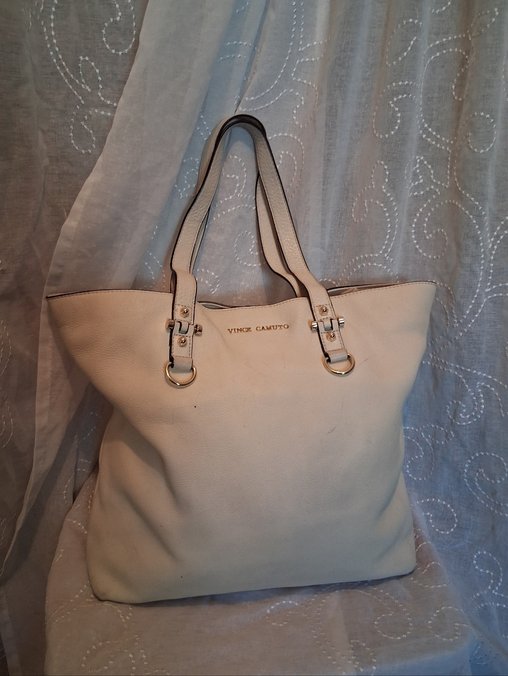 Vince Camuto Neutral Pebbled Leather Tote with Silver Hardware